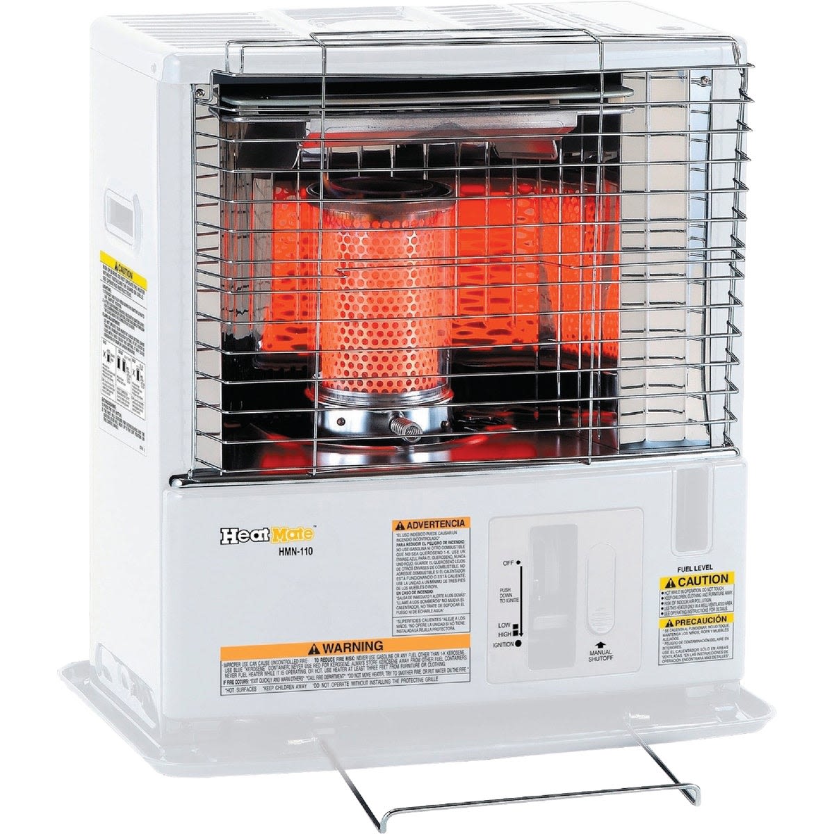 Portable radiant kerosene heater with metal safety grille and control panel for home improvement heating needs