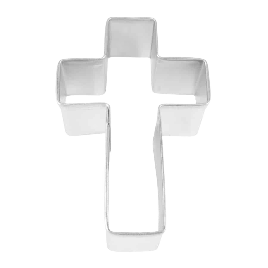 Metal cookie cutter shaped as a cross designed for baking and crafting in home kitchens.