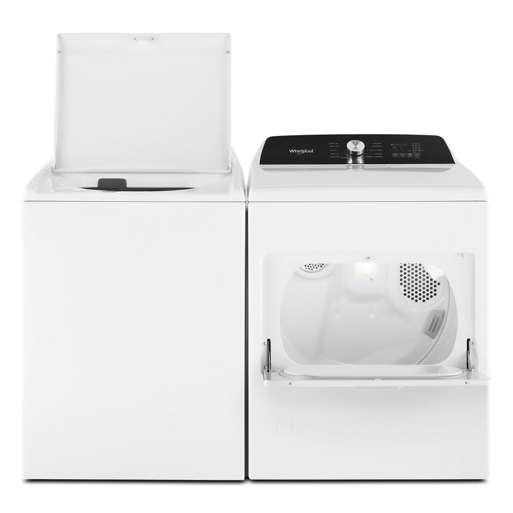 White top load washer paired with open door gas dryer featuring digital controls in modern appliances collection