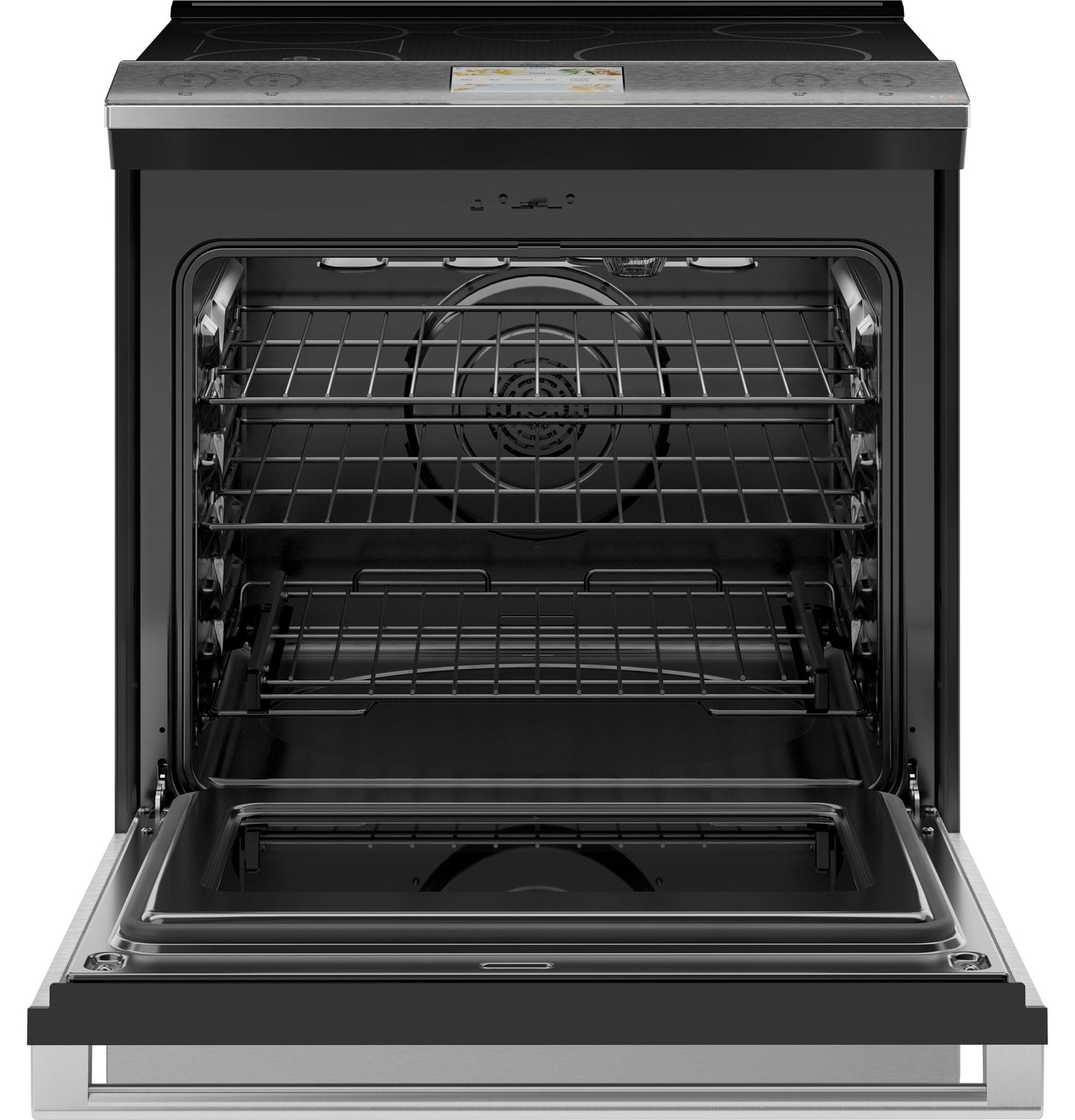 Open induction and convection range oven in platinum glass with multiple racks from Ranges and Kitchen & Kitchenware collections
