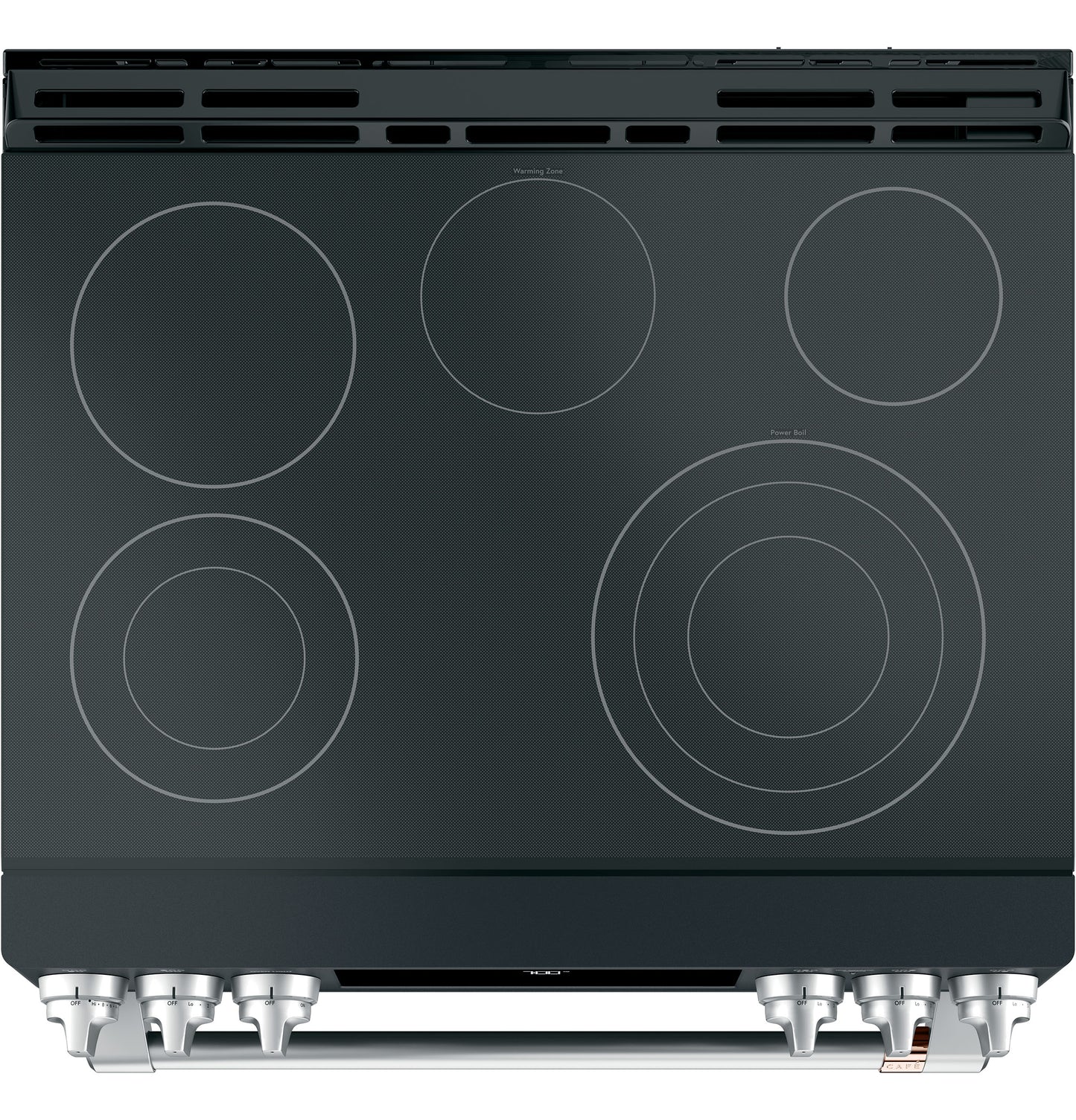 Black radiant cooktop with five heating elements and front control knobs in ranges and kitchen appliances collection