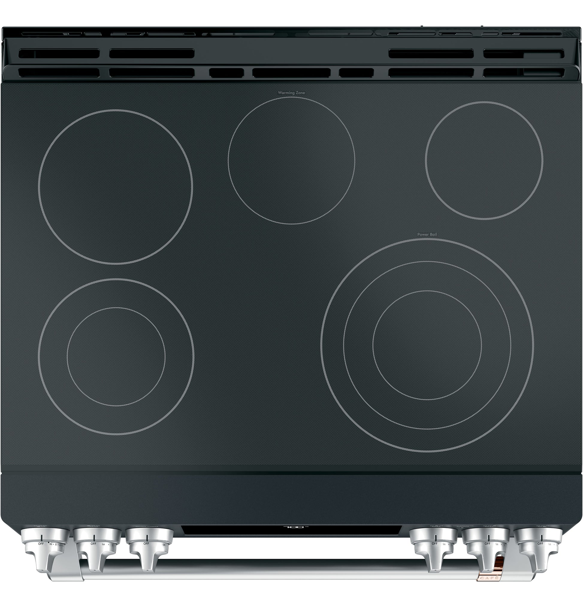 Black radiant cooktop with five heating elements and front control knobs in ranges and kitchen appliances collection