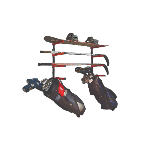 Wall-mounted 4-level storage rack holding golf bags and golf clubs for organized tools and home improvement spaces