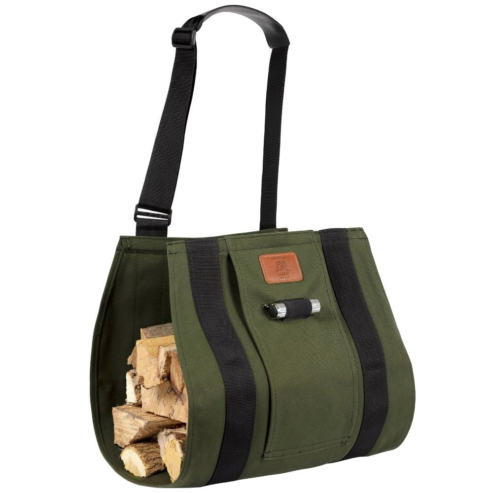 Green canvas firewood sling with adjustable shoulder strap and black reinforced handles for home improvement tasks