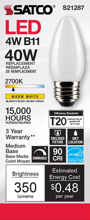 Energy-efficient Satco 4W B11 frosted LED bulb with warm white glow, medium base, and long 15,000-hour life.