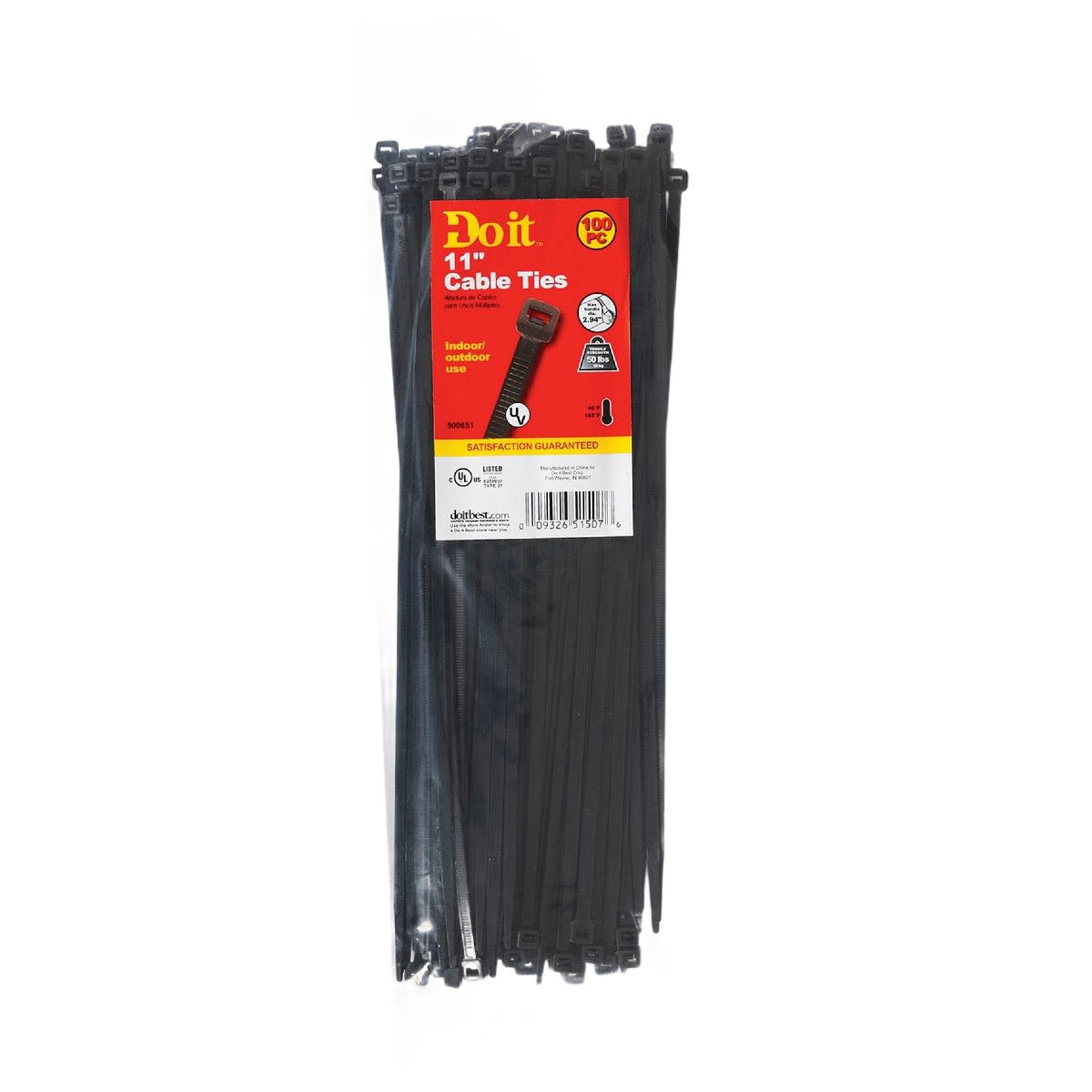 Clear plastic package containing 100 black 11-inch cable ties for indoor and outdoor tool organization and home use