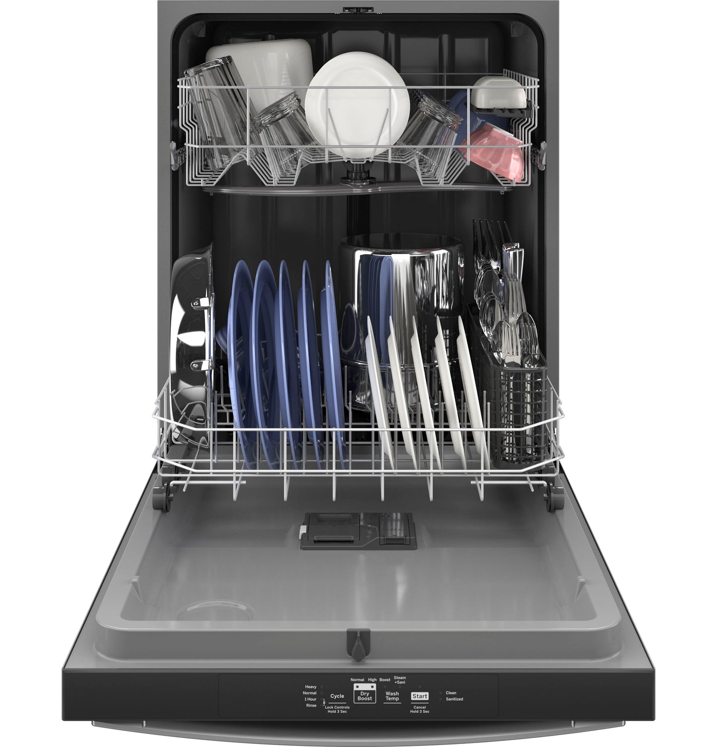 Open dishwasher loaded with plates, glasses, and utensils, featuring top control and plastic interior in kitchen appliances collection