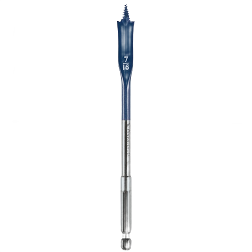 7/16 inch blue Daredevil standard spade bit with threaded tip and hex shank for fast, precise wood drilling tasks