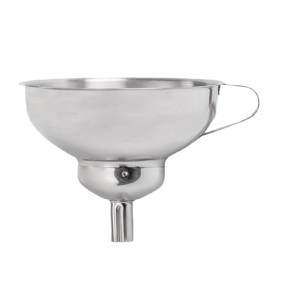 Stainless steel kitchen funnel with detachable spout for filling jars and bottles, part of under $50 kitchenware tools.