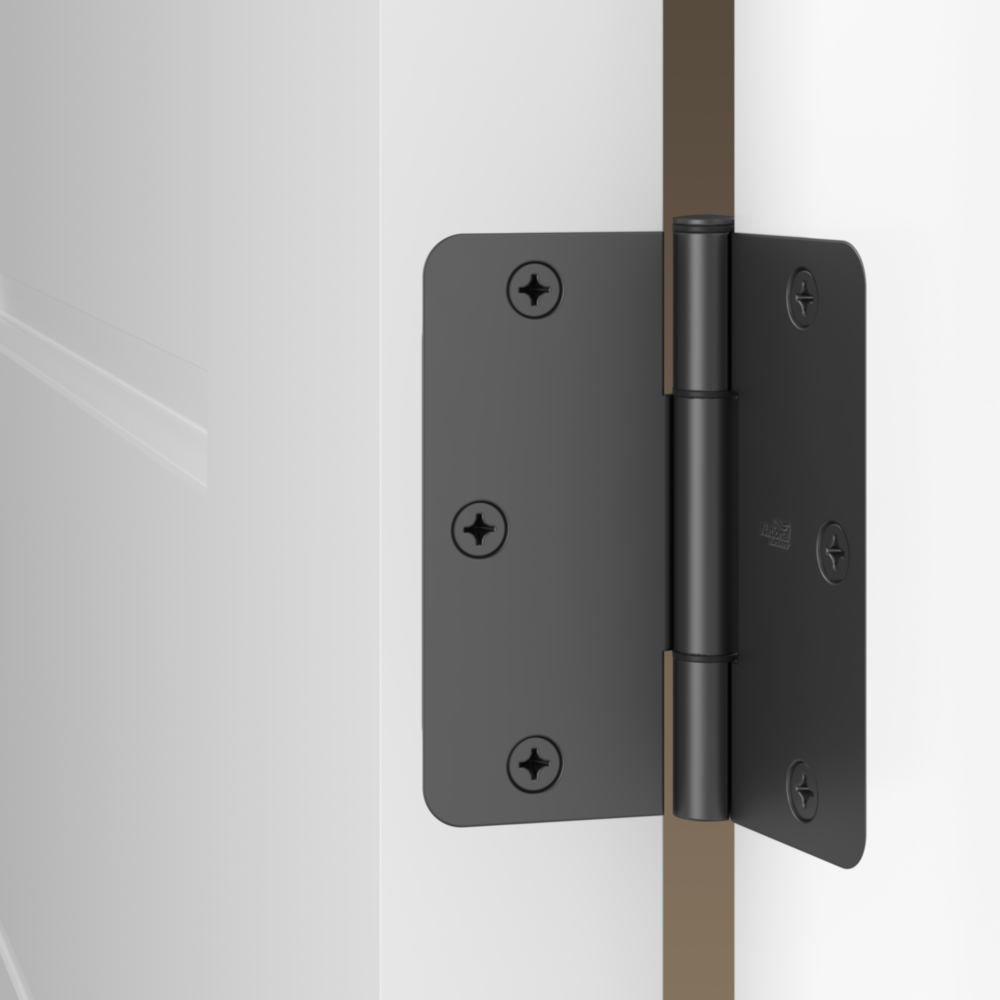 Matte black door hinge with 1/4 inch radius corners mounted on white door for smooth pivot in hardware and hinges collections