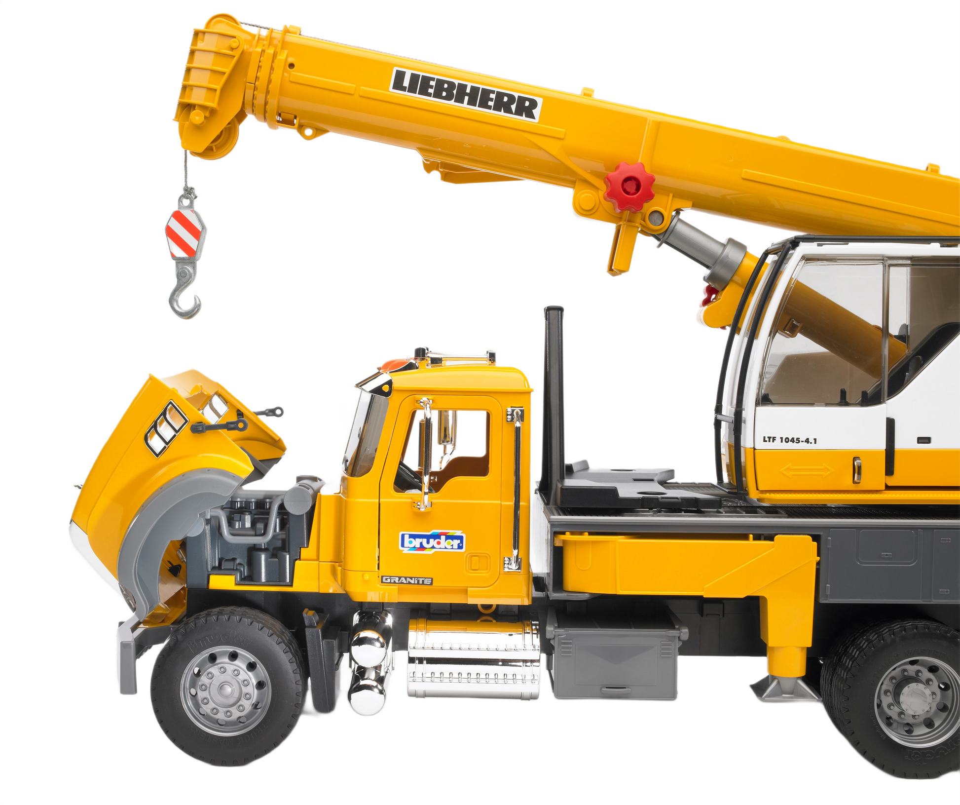 Yellow Bruder MACK Granite Liebherr crane truck model with detailed telescopic boom in Toys & Games and Bruder Toys collections