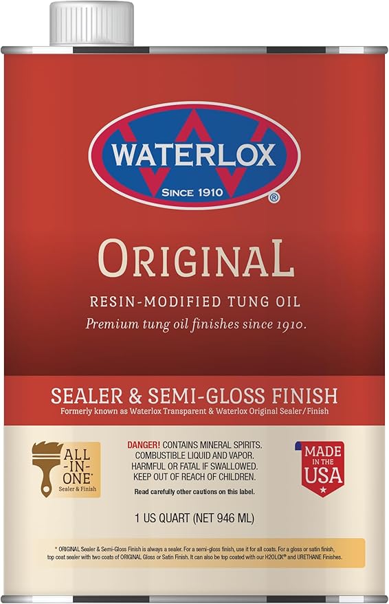 Quart-sized can of Waterlox clear resin-modified tung oil sealer and semi-gloss finish for wood finishing projects
