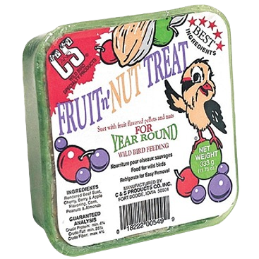Square block of fruit and nut flavored suet with colorful labeled packaging for year-round wild bird feeding