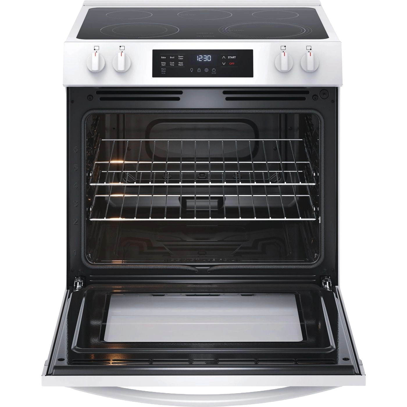 Open front control electric range with ceramic cooktop and spacious oven cavity featuring wire racks and interior lighting