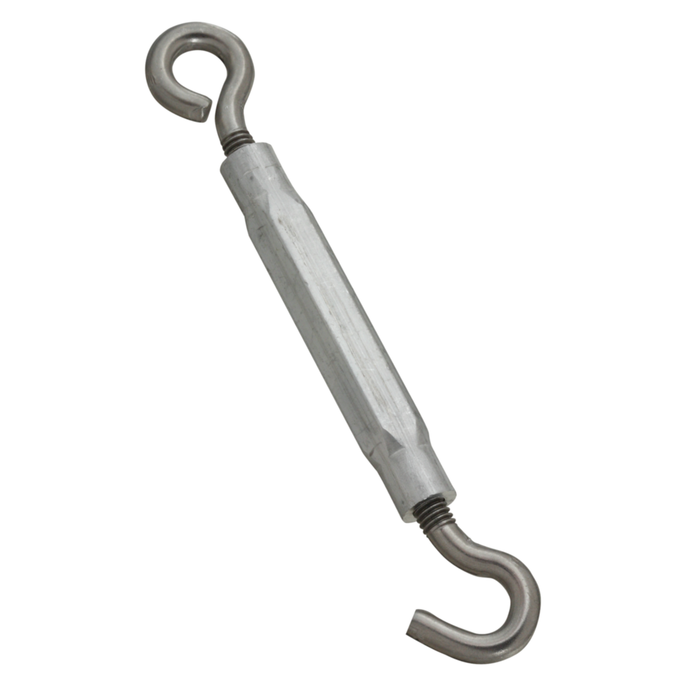 Stainless steel hook and eye turnbuckle for tension adjustment in tools and home improvement projects