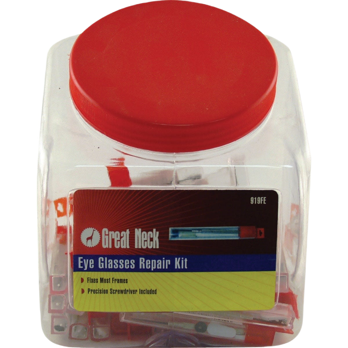 Clear plastic container with red lid holding an eyeglass repair kit including screws and a precision screwdriver for home use