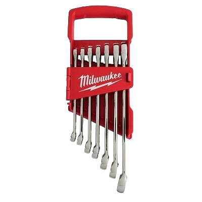 Red handled 7-piece combination wrench set in SAE sizes with durable steel construction for home improvement projects