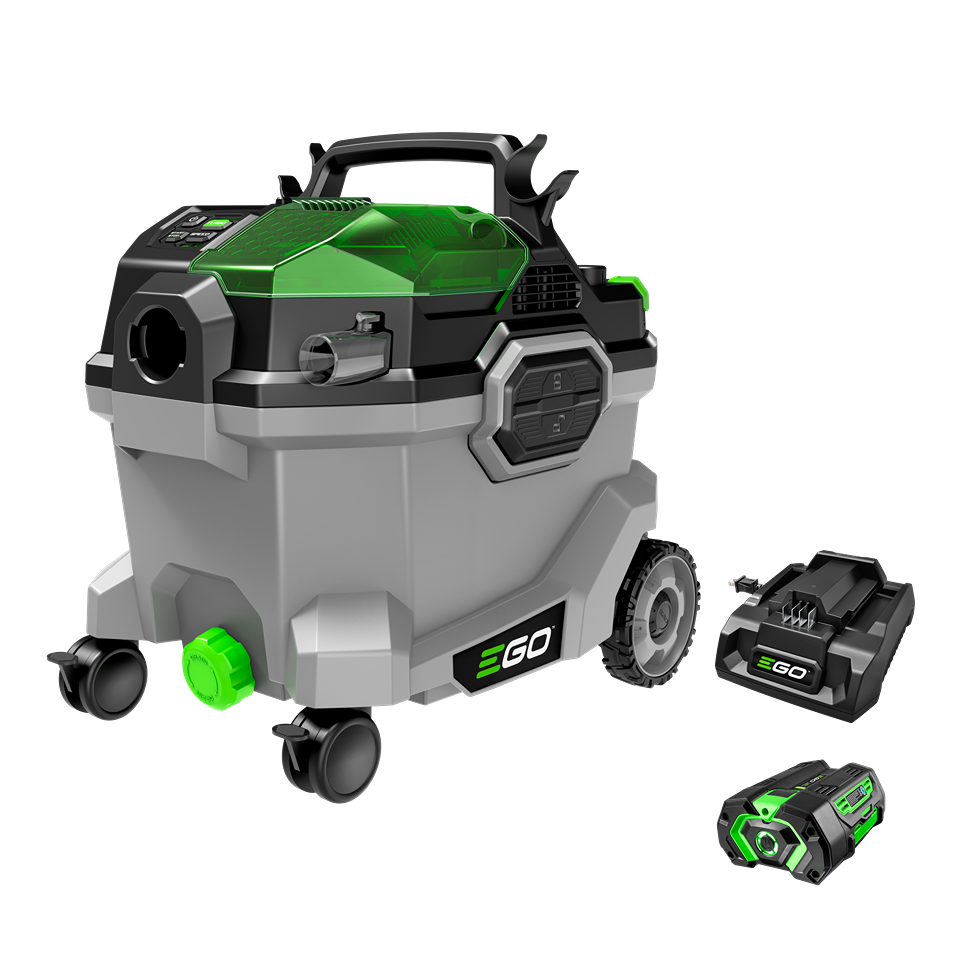 Gray and green cordless wet dry vacuum with battery and charger, designed for tools and home improvement use