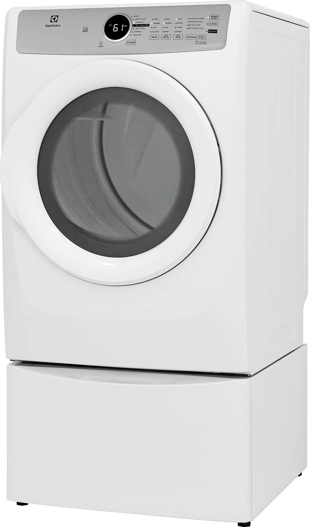 White front load electric dryer with round glass door and digital control panel in home appliances and dryers collection