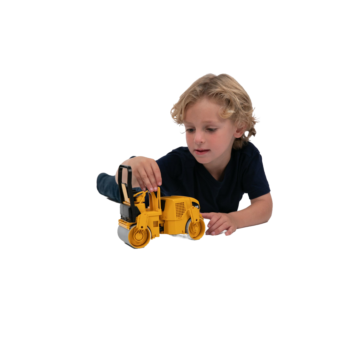 Child playing with yellow Bruder 1:16 scale CAT Asphalt Drum Compactor toy from Vehicles & Remote Controlled Toys collection