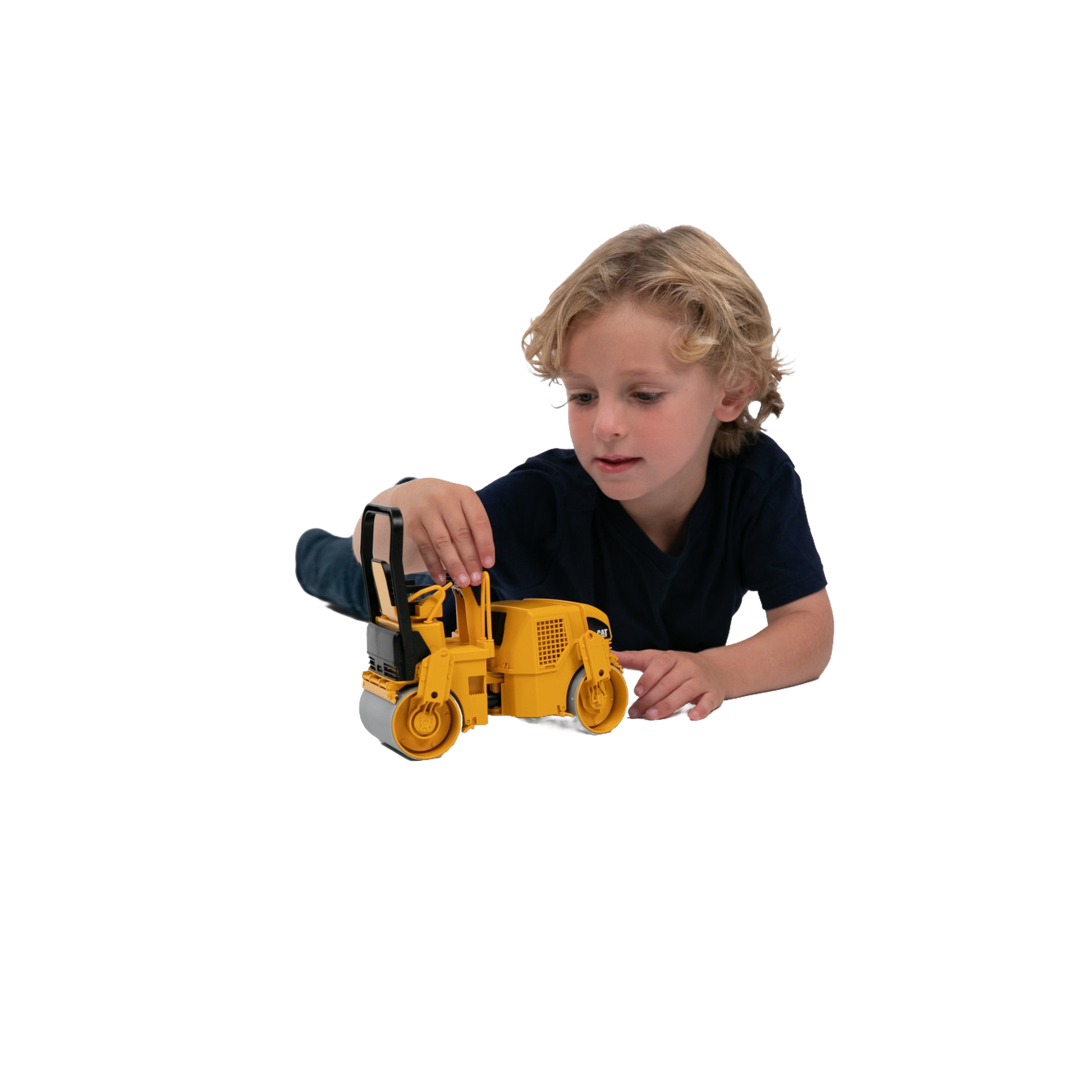 Child playing with yellow Bruder 1:16 scale CAT Asphalt Drum Compactor toy from Vehicles & Remote Controlled Toys collection