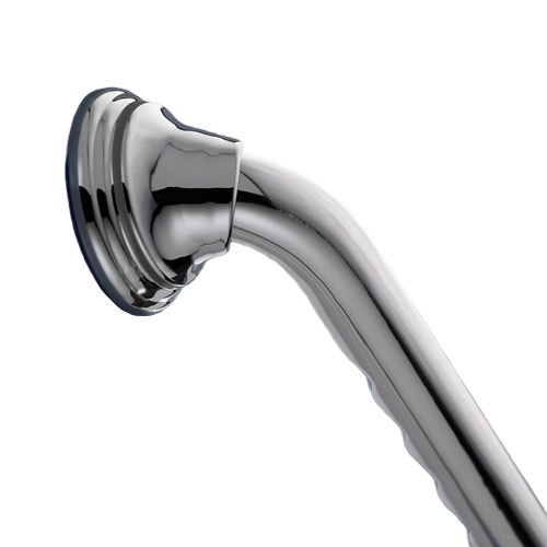 Polished chrome bathroom safety grab bar with ergonomic finger notches for secure support and accessibility.