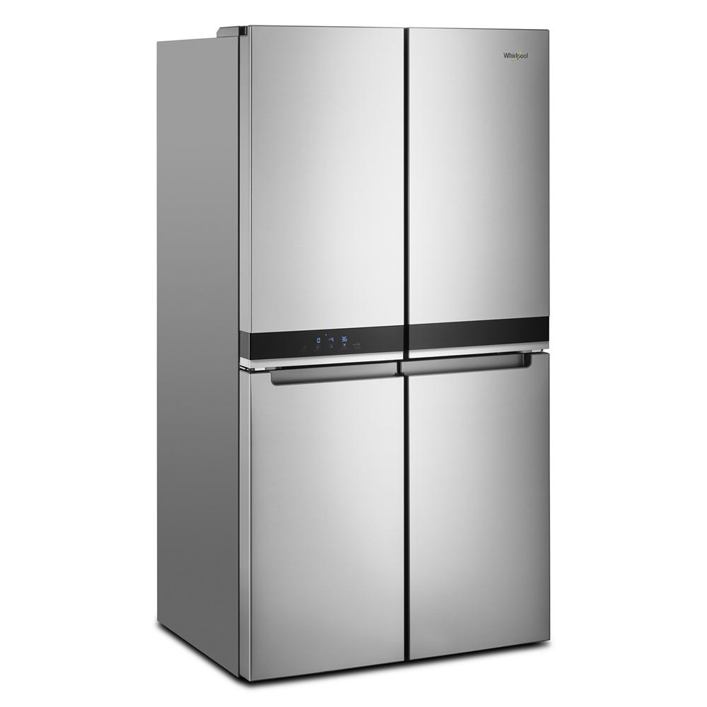 36-inch wide counter depth four door refrigerator in stainless steel with sleek handles and digital display panel