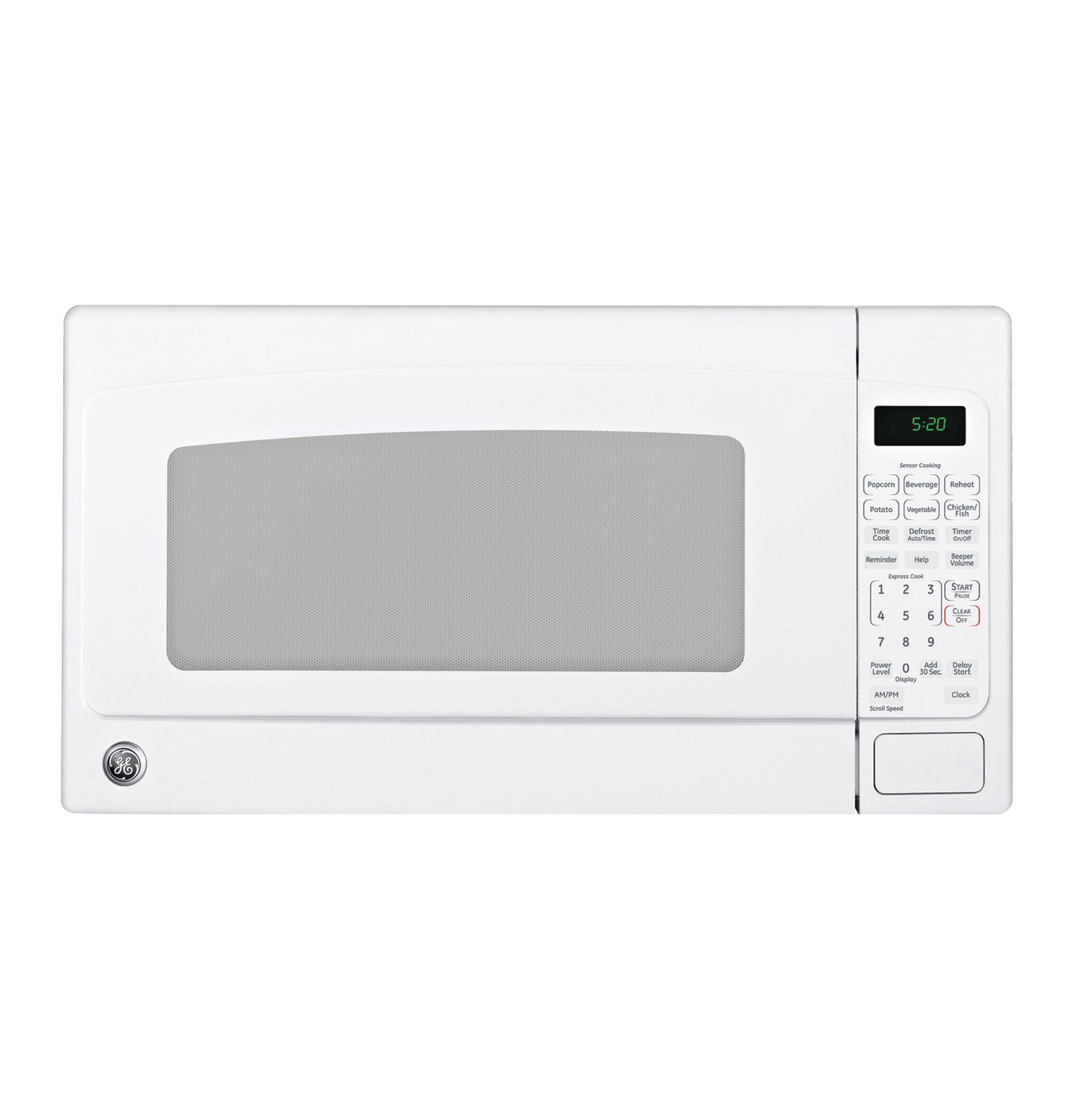 White countertop microwave oven with digital control panel and preset cooking buttons in kitchen appliances collection