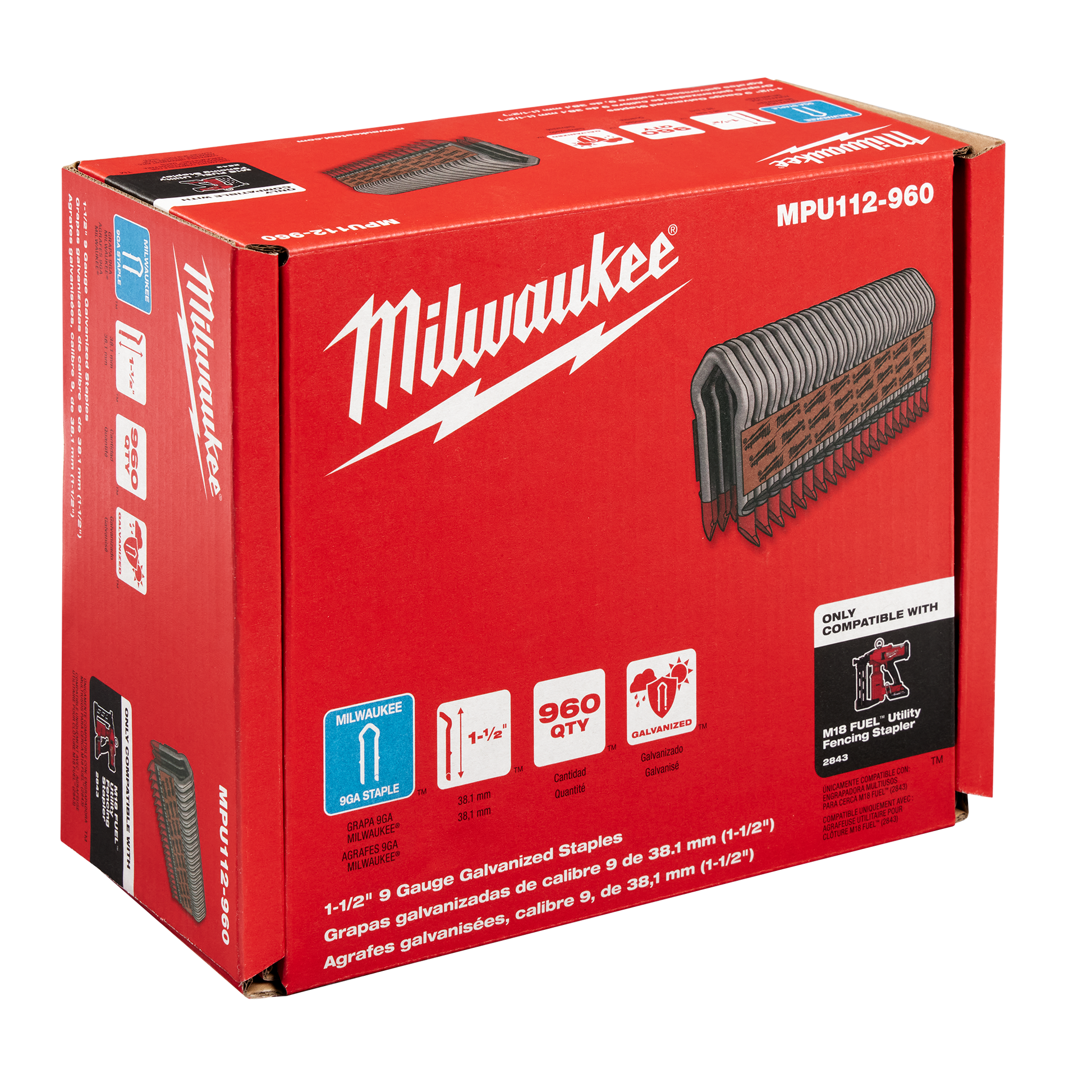 Box containing 960 durable galvanized staple strips compatible with home improvement tools and fastening jobs