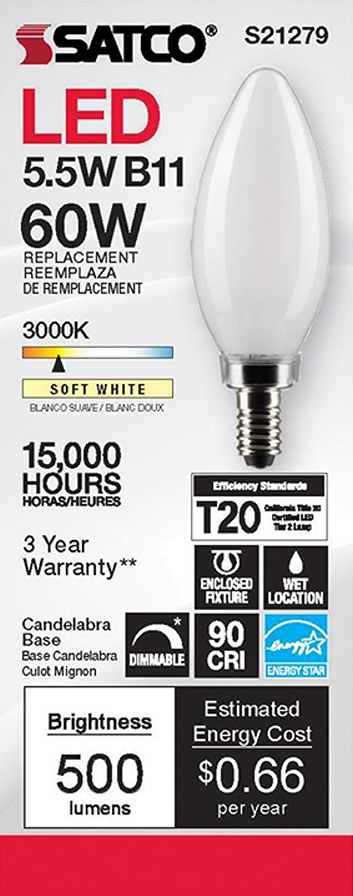 Satco 5.5 watt LED candelabra bulb with soft white 3000K light, 500 lumens, dimmable for lighting and electrical use
