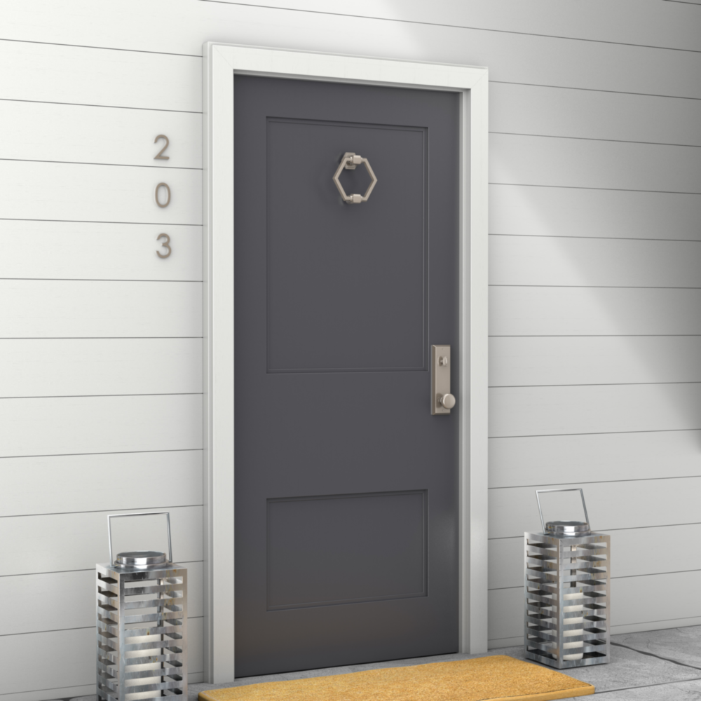 Modern gray door with satin nickel hexagonal door knocker and matching hardware in home improvement collections