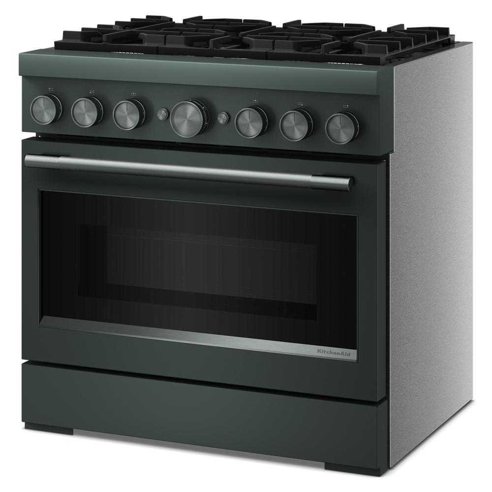 36-inch dual fuel range with six burners and black stainless steel front in KitchenAid ranges collection