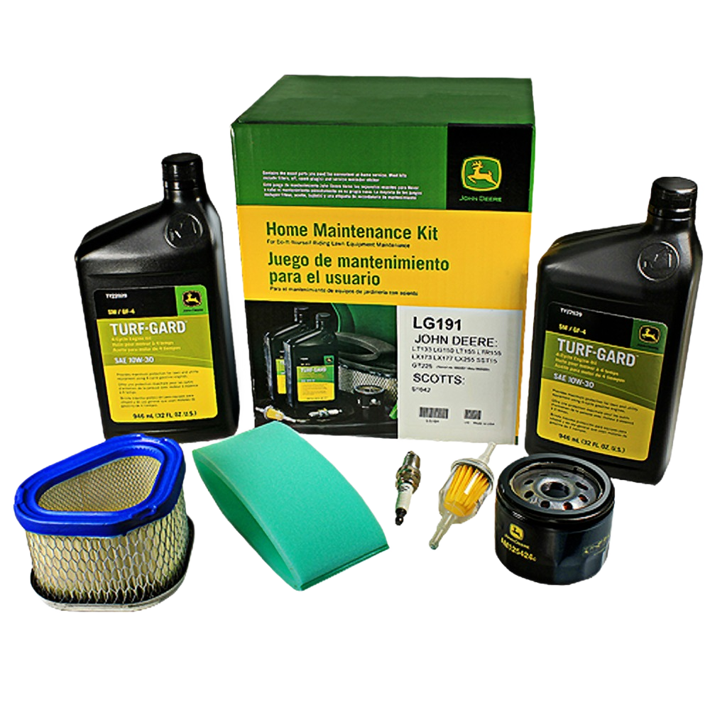 Green and yellow home maintenance kit with oil bottles, air and fuel filters, spark plug, and oil filter for outdoor equipment tools