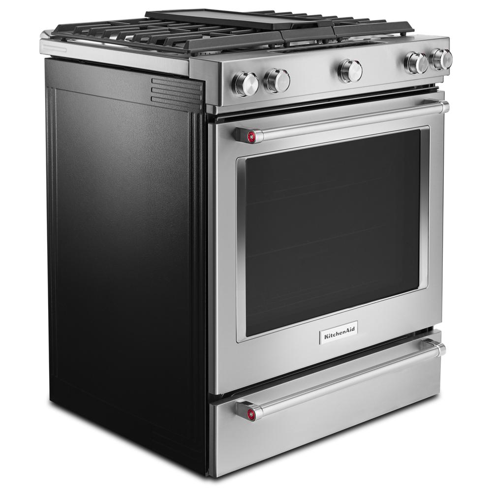 30-inch stainless steel dual fuel slide-in range with five burners and convection oven in KitchenAid ranges collection