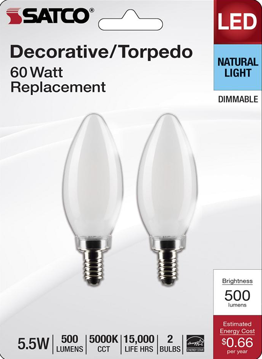 Pair of frosted decorative torpedo LED bulbs with 5.5 watt power, natural light, and dimmable feature for home improvement lighting