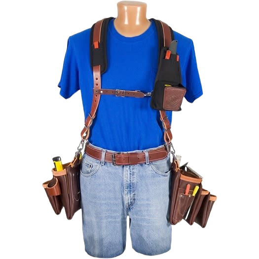 Leather beltless tool bag with multiple pouches for woodworking and workshop organization in tool storage collection