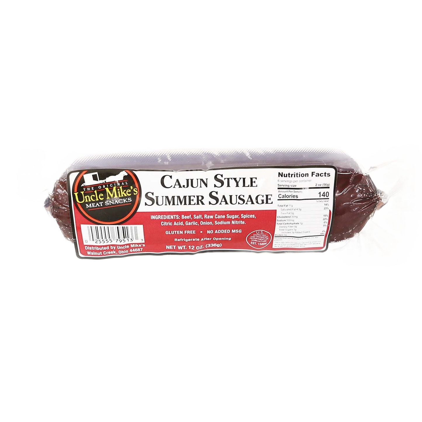 Packaged Uncle Mike's Cajun Style Summer Sausage with nutrition facts and spice ingredients from Food & Beverage collection