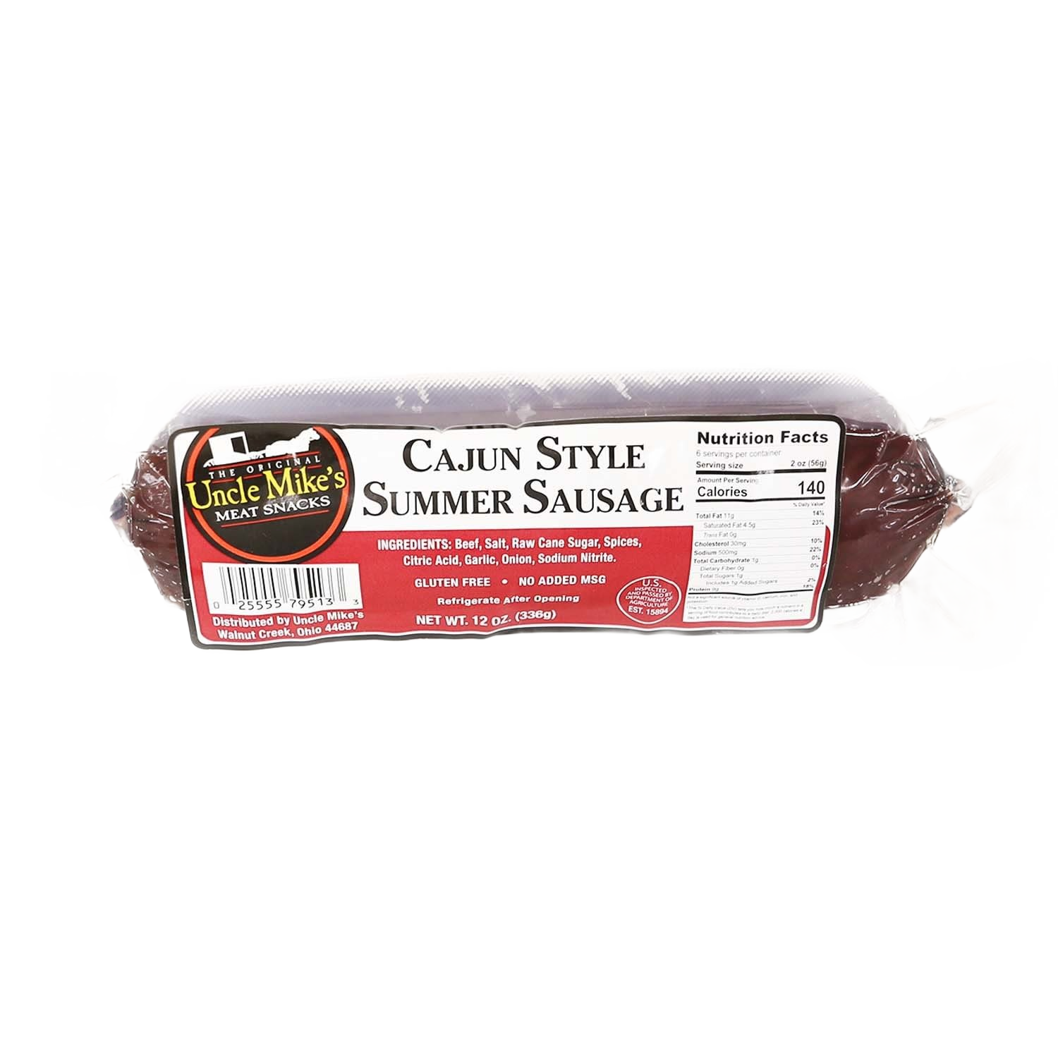 Packaged Uncle Mike's Cajun Style Summer Sausage with nutrition facts and spice ingredients from Food & Beverage collection