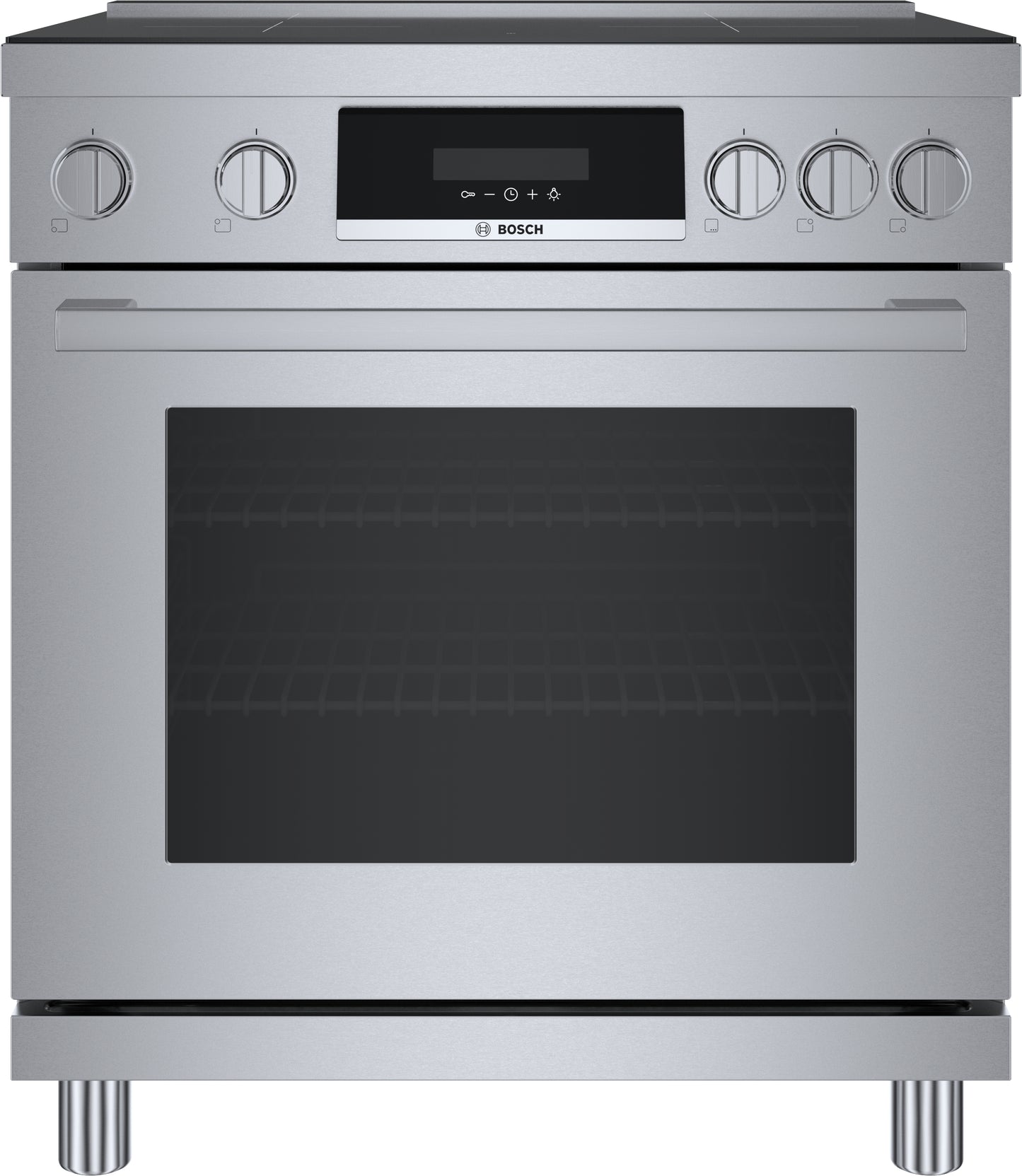 Stainless steel Bosch induction freestanding range with metal knobs, digital display, and glass oven door from kitchen appliances collection