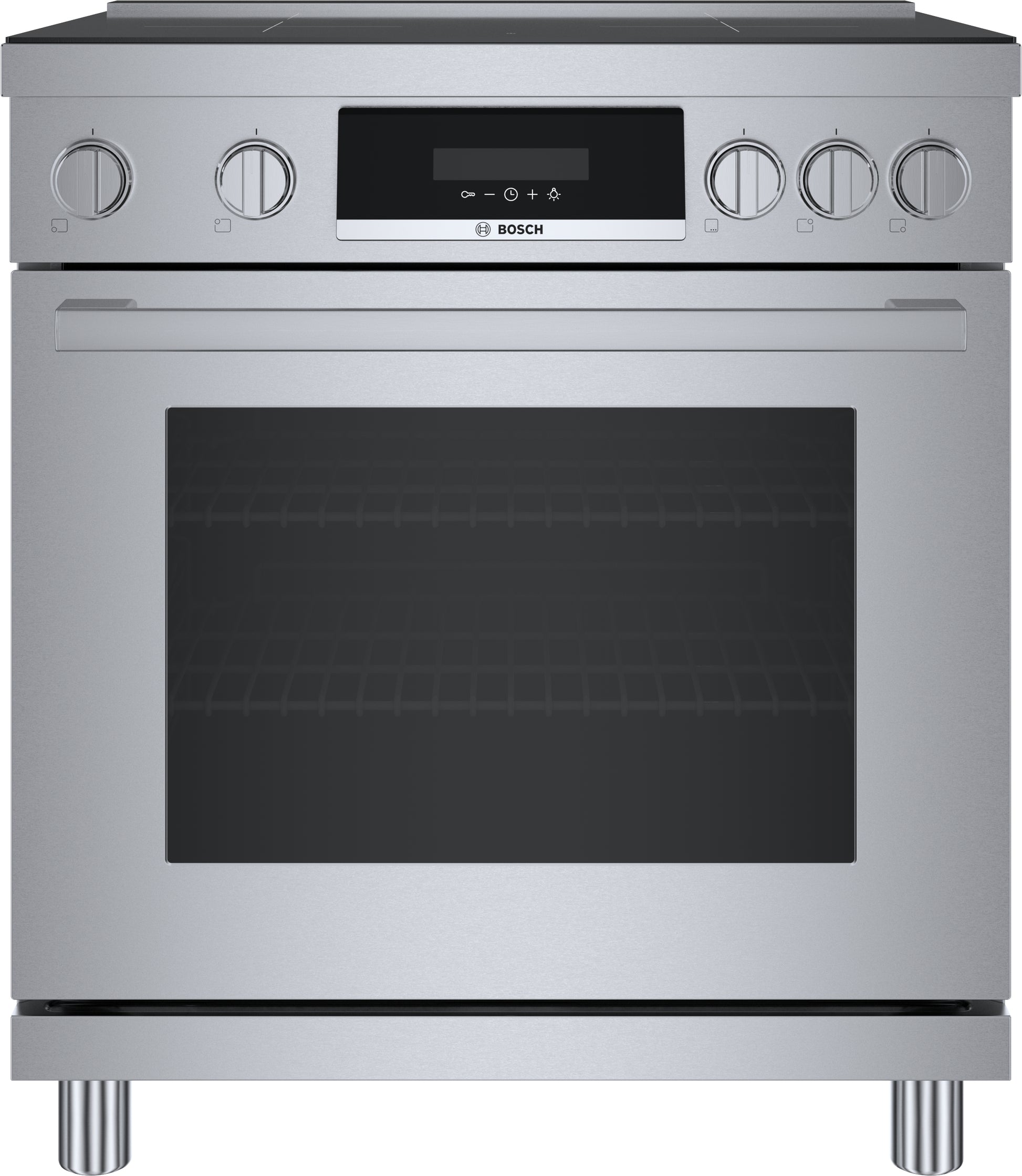 Stainless steel Bosch induction freestanding range with metal knobs, digital display, and glass oven door from kitchen appliances collection