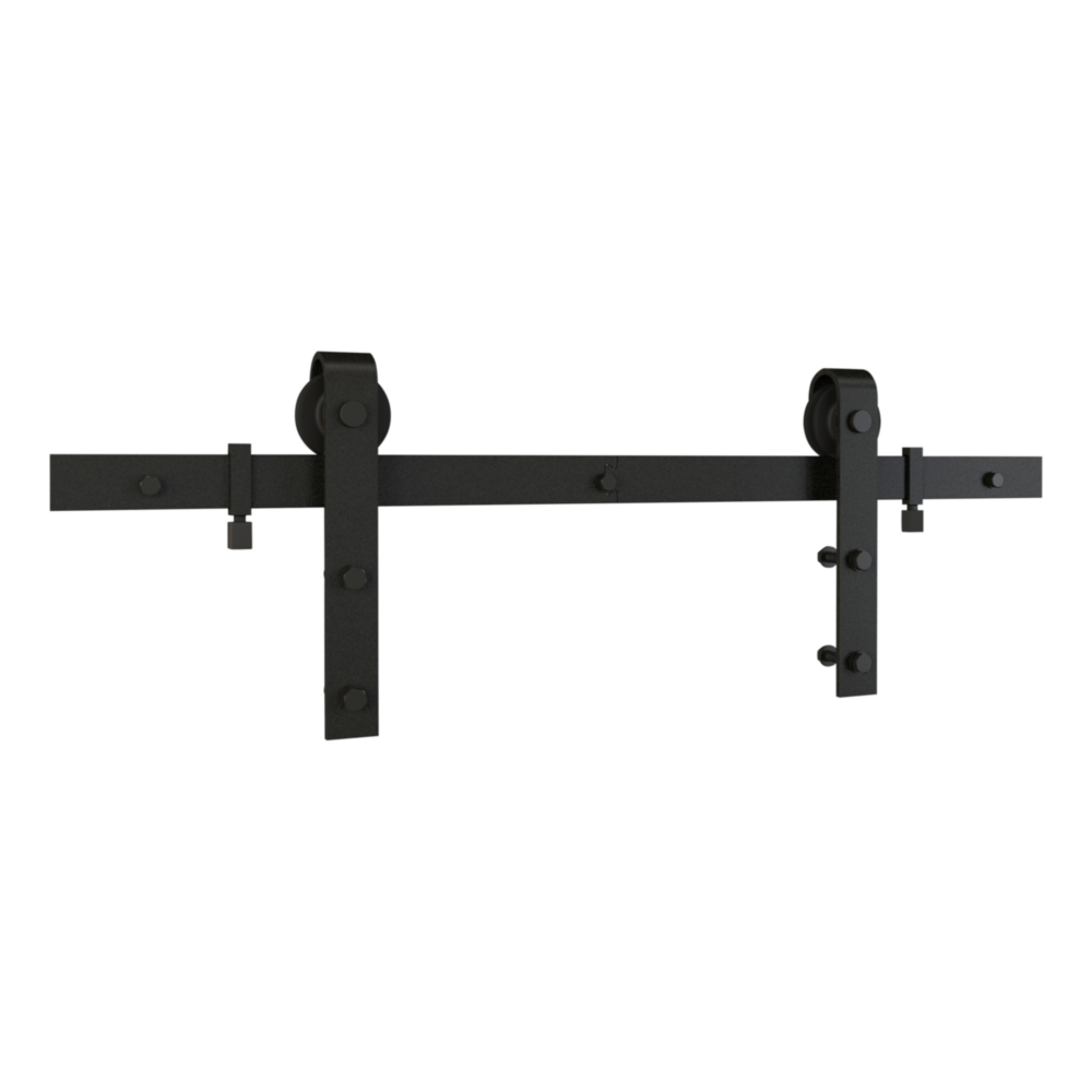 Matte black classic barn door hardware kit with two-piece track for interior door installation and home improvement projects
