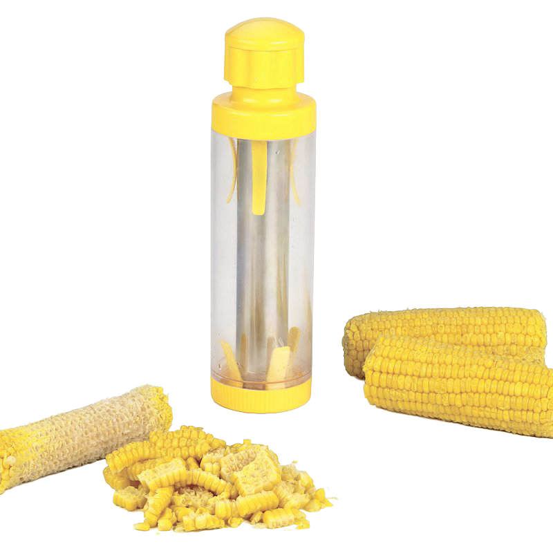 Yellow and clear plastic corn stripper tool with fresh corn cobs and stripped kernels, kitchenware under $50.