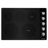 Top view of a black electric cooktop with five heating elements and chrome knob controls from KitchenAid cooktops collection