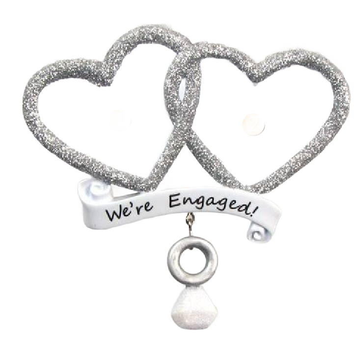 Silver glittered double heart ornament with "We're Engaged!" banner in Christmas Ornaments & Tree Decorations under $50 collection