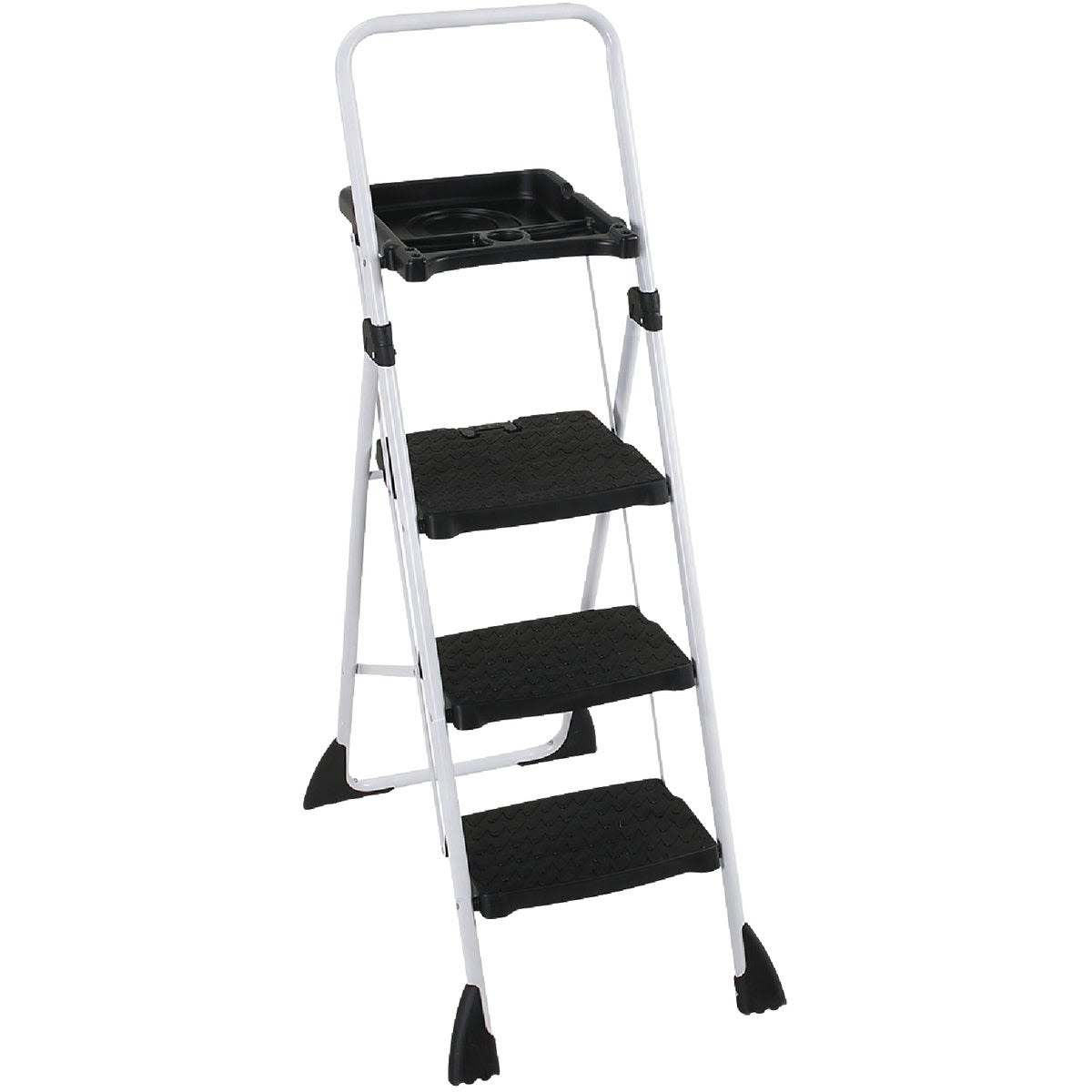 Four-step tubular steel platform ladder with black slip-resistant steps and tool tray for home improvement tasks