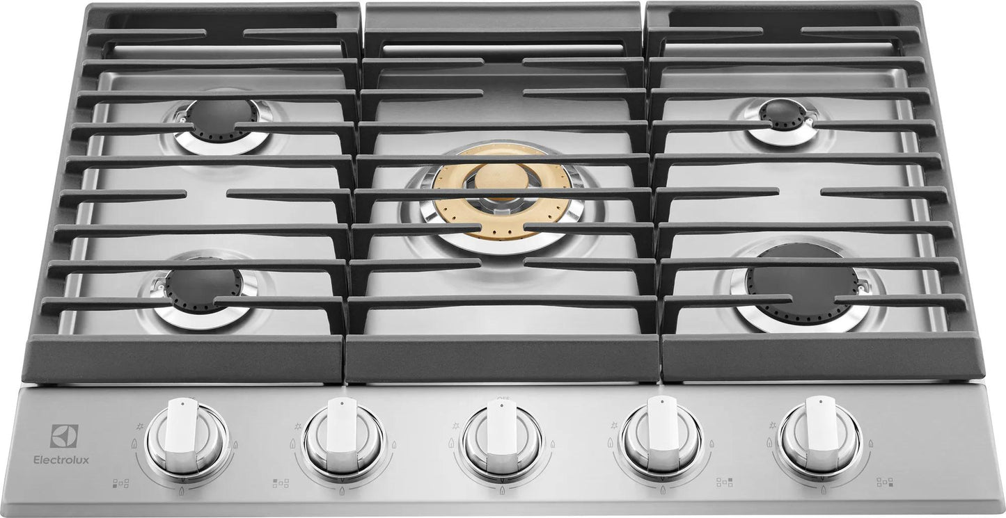 Stainless steel 30-inch gas cooktop with five burners and brass power burner for precise heat control from appliances collection