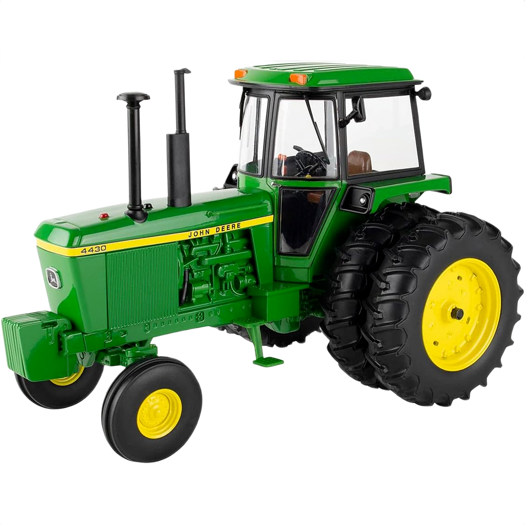 Green and yellow 1:16 scale John Deere 4430 tractor model with detailed cab and large rear tires for display use
