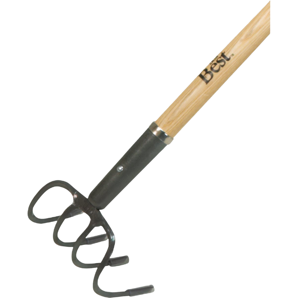 Garden cultivator with wood handle and metal tines for soil aeration and weed removal in lawn and garden tasks