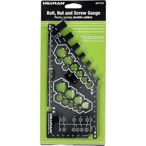 Black bolt, nut, and screw gauge measuring diameter, length, and hex size for hardware and fasteners use