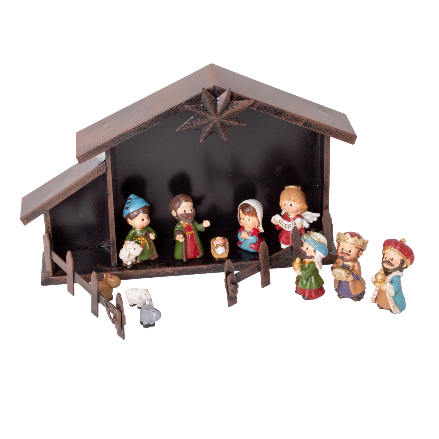 Small 11-piece nativity scene with metal creche and colorful figurines for Christmas and Nativity Scenes collections